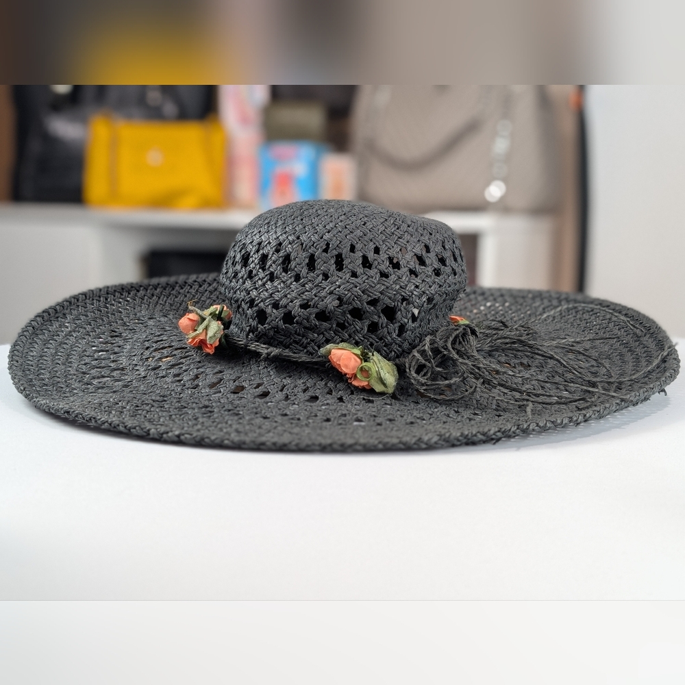 Elegant Black Woven Sun Hat with Floral Accents